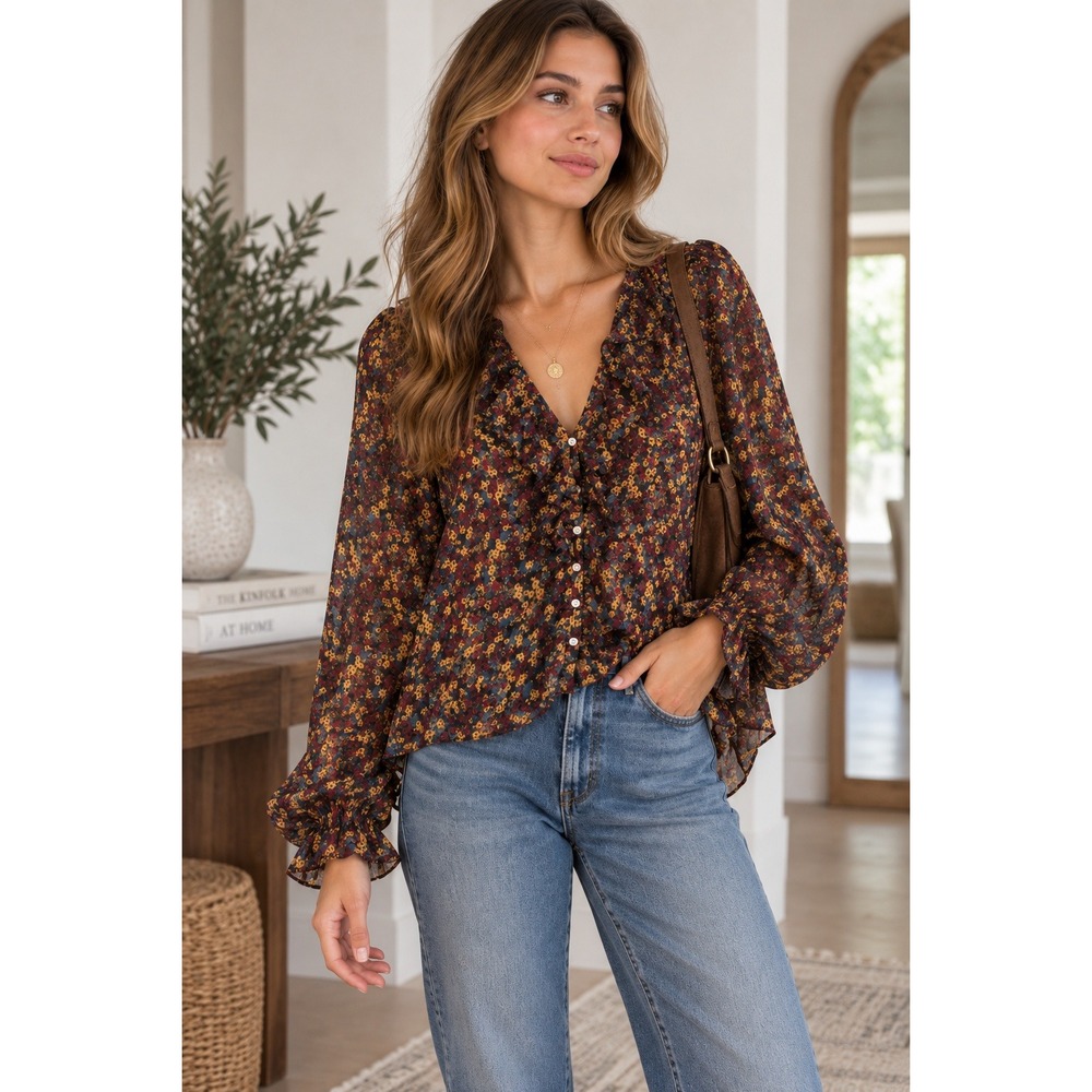 Frye Dark Floral Lurex Ruffle Blouse Boho Prairie / Romantic Cottagecore Small